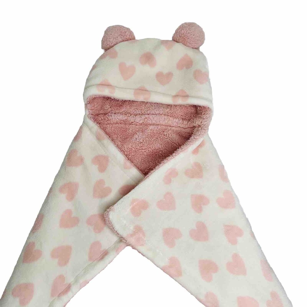 Chick Pea Pink Hearts Plush Hooded Pom Pom Blanket Throw 30x30 Lovey